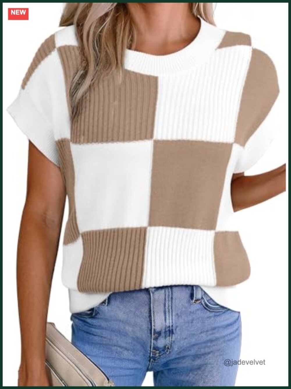 EVALESS Short Sleeve Sweater Vest Women Color Block Checkerd Knit Tank Top